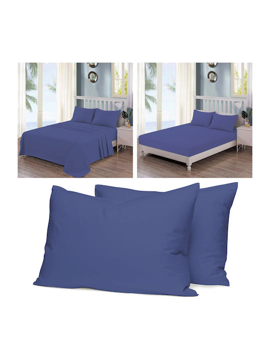 Casa Colori Σετ Σεντόνια Διπλά με Λάστιχο 140x200+30εκ. Blue (4τμχ)