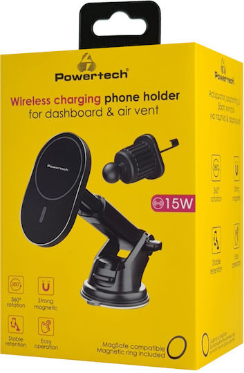 Powertech Βάση Κινητού Αυτοκινήτου με Μαγνήτη και Ασύρματη Φόρτιση Μαύρη