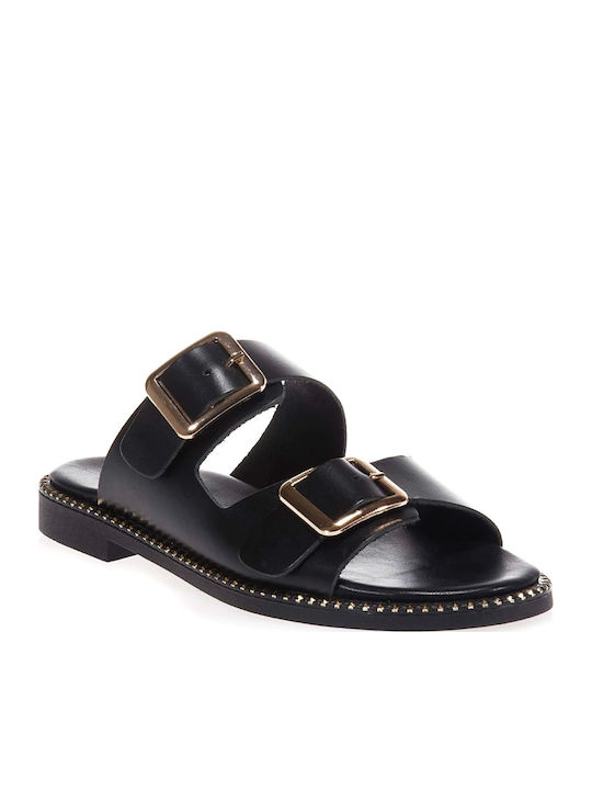 Beatris Women's Leather Flat Sandal with Buckles Black
