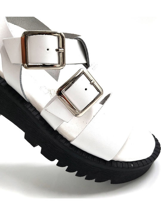 Leather Women's Flat Sandals Flatforms in White Color