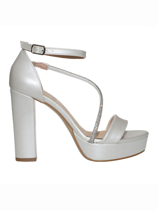 Malena Platform Leather Women's Sandals with Strass & Ankle Strap White with High Heel