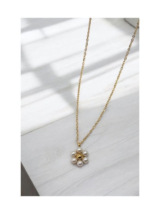 Necklace with design Flower from Gold Plated Steel with Pearls