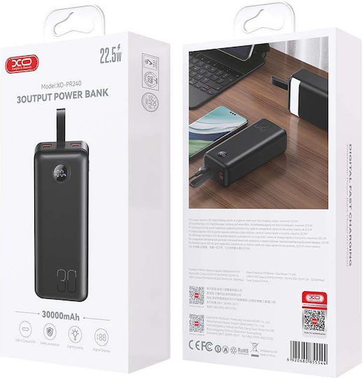 XO PR240 Power Bank 30000mAh 22.5W with 2 USB-A Ports and USB-C Port Power Delivery / Quick Charge 2.0 / Quick Charge 3.0 Black