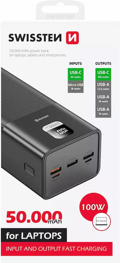 Swissten Power Bank 50000mAh 100W με 3 Θύρες USB-A και Θύρα USB-C Quick Charge 3.0 Μαύρο