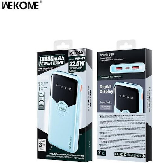 WK WP-43 Power Bank 10000mAh 22.5W with 2 USB-A Output Ports and USB-C Output Port Power Delivery / Quick Charge Blue