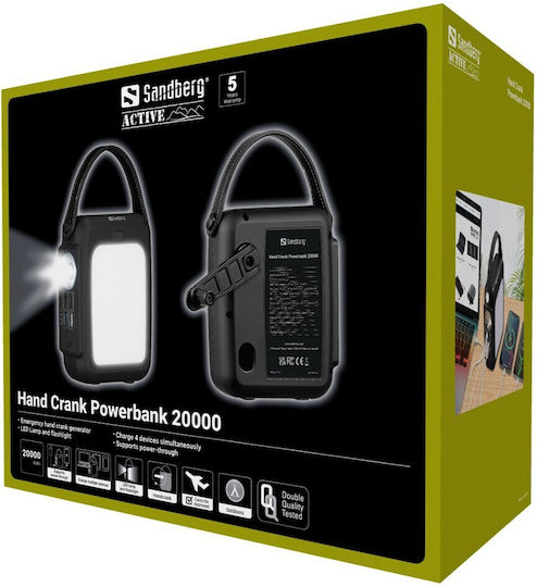 Sandberg Hand Crank Power Bank 20000mAh 20W with 2 USB-A Output Ports and 2 USB-C Output Ports Power Delivery Quick Charge Black
