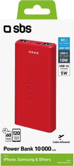 SBS Power Bank 10000mAh με 2 Θύρες USB-A και Θύρα USB-C Κόκκινο