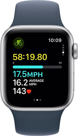 Apple Watch SE 2023 Aluminum 44mm Waterproof with Heart Rate Monitor (Silver with Storm Blue Sport Band - M/L)