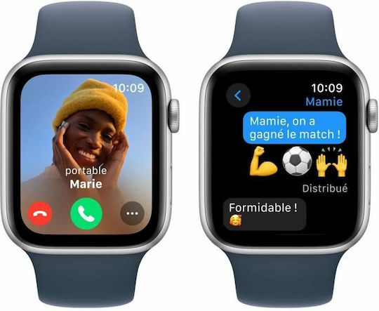 Apple Watch SE 2023 Aluminum 44mm Waterproof with Heart Rate Monitor Silver with Storm Blue Sport Band S/M