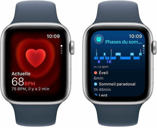 Apple Watch SE 2023 Aluminum 44mm Waterproof with Heart Rate Monitor Silver with Storm Blue Sport Band S/M
