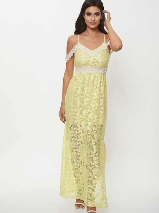 Rochie Maxi pentru Nuntă / Botez cu Dantelă Galbenă