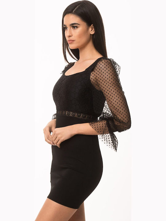 Rochie Mini de Seară cu Dantelă și Plasă Neagră