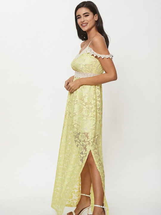 Rochie Maxi pentru Nuntă / Botez cu Dantelă Galbenă