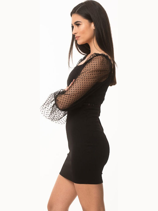 Rochie Mini de Seară cu Dantelă și Plasă Neagră