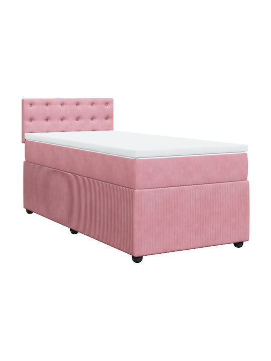 Pat Single Tapițat cu Material Roz cu Plăci și Saltea 100x200cm