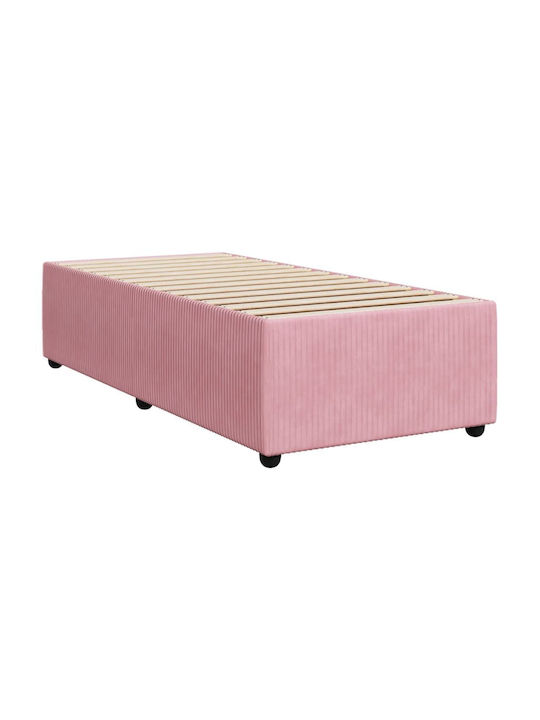 Pat Single Tapițat cu Material Roz cu Plăci și Saltea 100x200cm