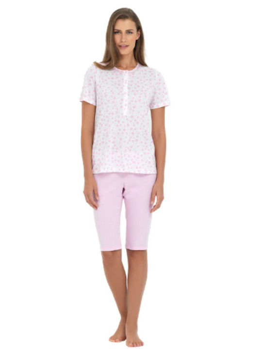 Linclalor Damen Baumwoll-Pyjama 74183 Weiß-Rosa