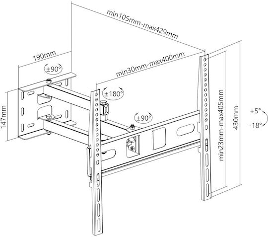 Cabletech UCH0197-1 Βάση Τηλεόρασης Τοίχου με Βραχίονα έως 55" και 35kg