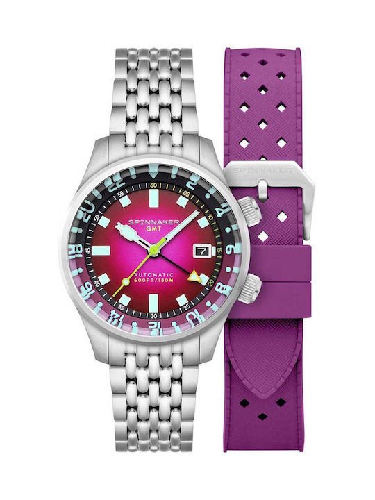 Spinnaker Bradner GMT Automatic Watch Silver Metal Bracelet Purple Rubber Strap SP-5121-BB