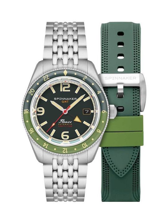 Spinnaker Fleuss GMT Automatic Watch Silver Metal Bracelet Green Rubber Strap SP-5120-44