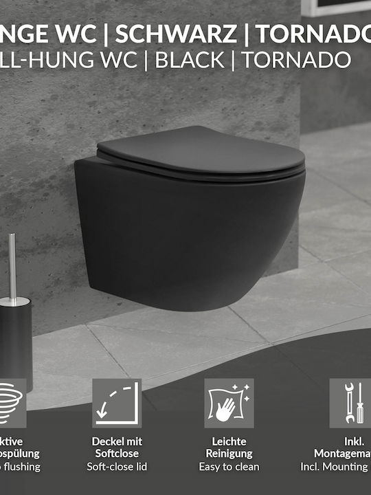 LuxeBath Монтирана на стена тоалетна Безръбрен с тоалетна чиния с Капак Duroplast Черен