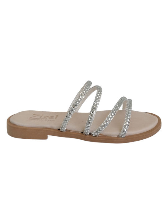 Women's Flat Sandals with Rhinestones, ZIZEL 747.W White-Silver.