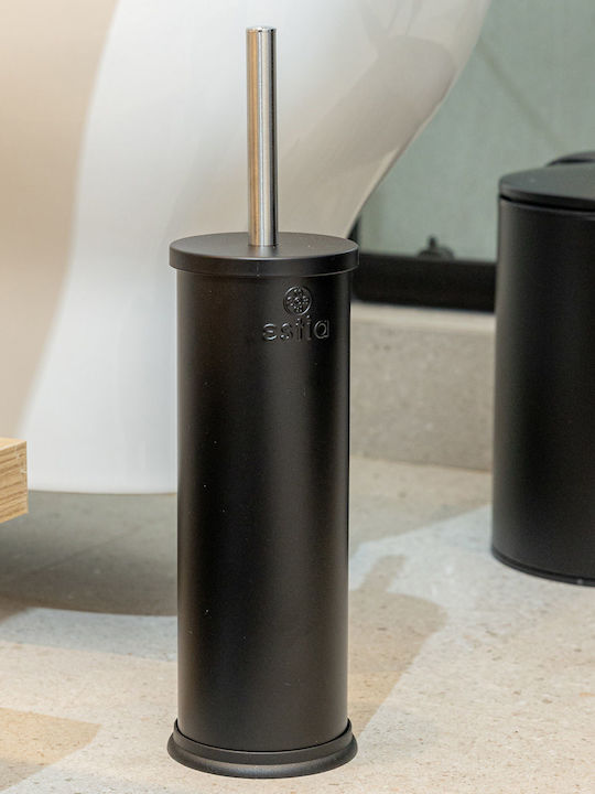 Estia Classic Metallic Bathroom Brush and Trash Can Set Soft Close 5l Black