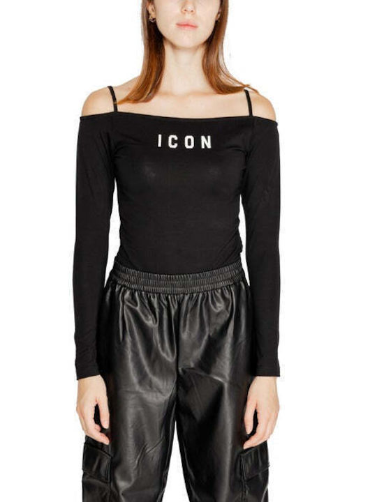 Icon Damen Bluse Baumwolle Langärmelig Schwarz