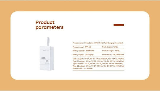 Remax RPP-650 Power Bank 60000mAh 100W με Θύρα USB-A και 2 Θύρες USB-C Power Delivery Λευκό