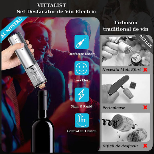 Deschizător electric de vin Vittalist cu accesoriu tăietor de folie reîncărcabil, aerator, pompă de vid și dop gri