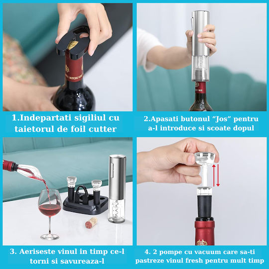 Deschizător electric de vin Vittalist cu accesoriu tăietor de folie reîncărcabil, aerator, pompă de vid și dop gri
