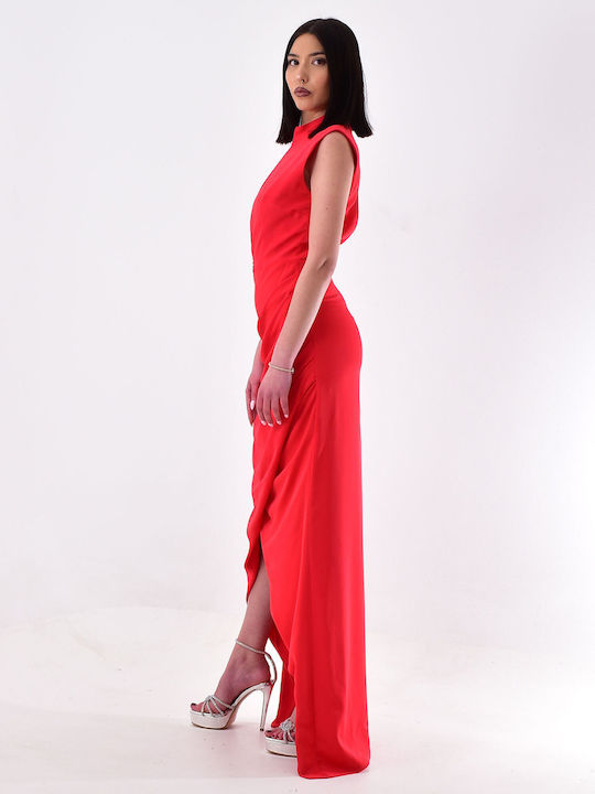 Maxi Dress Draped with Slit Red