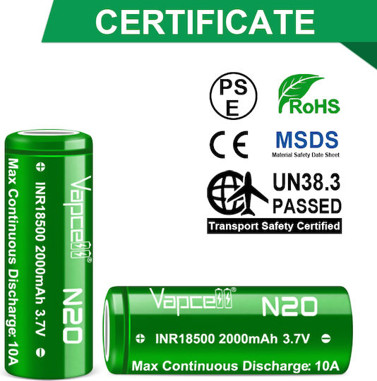 Vapcell Презареждаща батерия 18500 Li-ion 2000mAh 3.7V 1бр