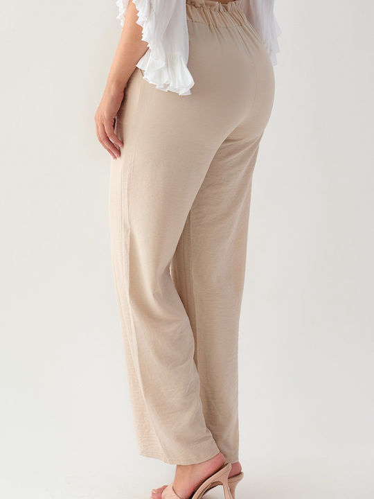 DOT Women's Fabric Trousers with Elastic Beige