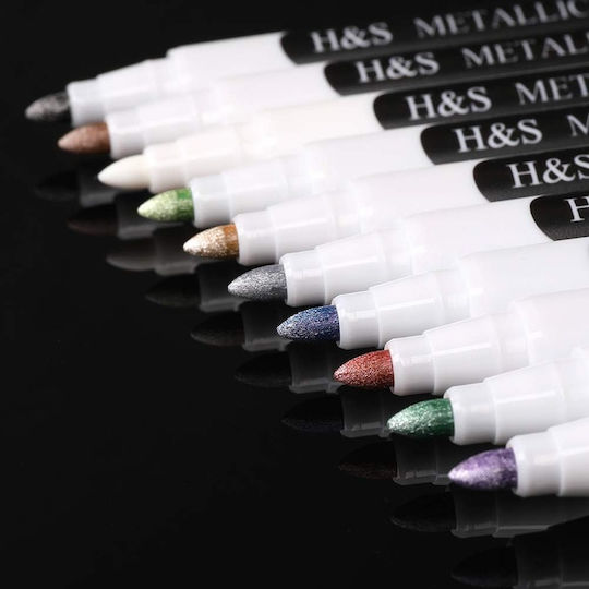 H&S Set of 10 metallic markers H&S, with paint, high-quality felt tip, for painting, drawing, coloring Vopsea Specială pentru Craft pentru Sticlă