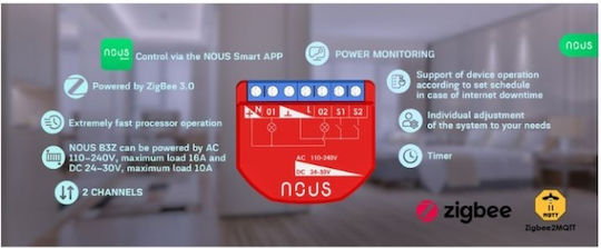 Nous Интелигентен Превключвател 2 Канала ZigBee 10A