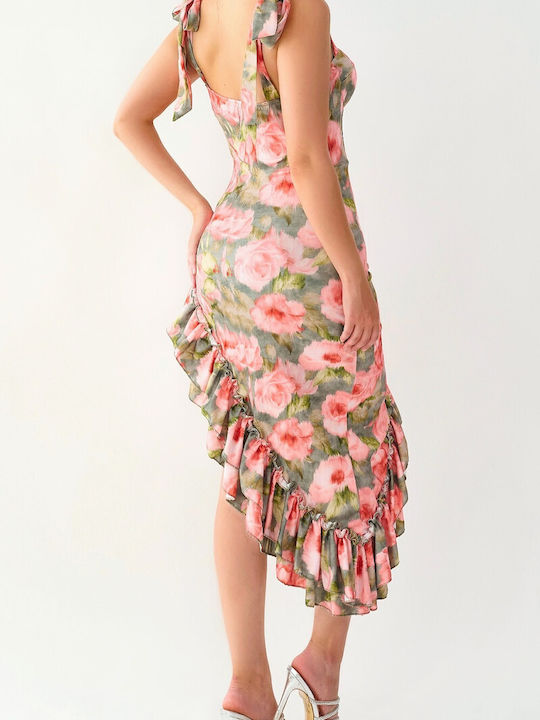 Bianca Khaki Floral Asymmetric Ruffle Dress