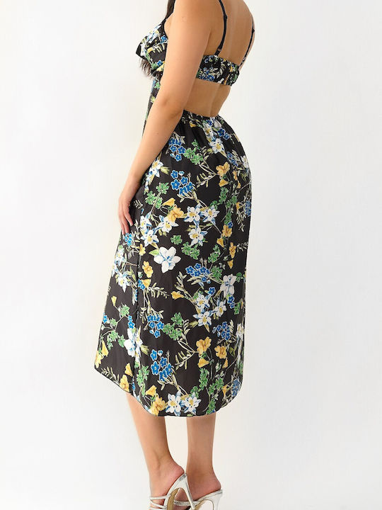 Irene Black Floral Midi Cut Out Dress