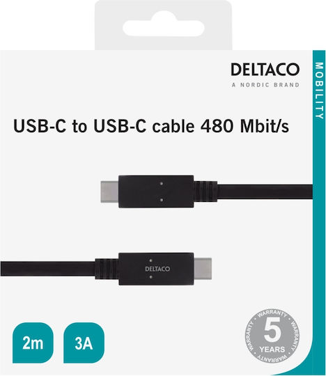 Deltaco USB 2.0 Cable USB-C male - USB-C Μαύρο 2m USBC-2002M