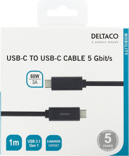 Deltaco USB 3.1 Cable USB-C male - USB-C 60W Μαύρο 1m USBC-1054M