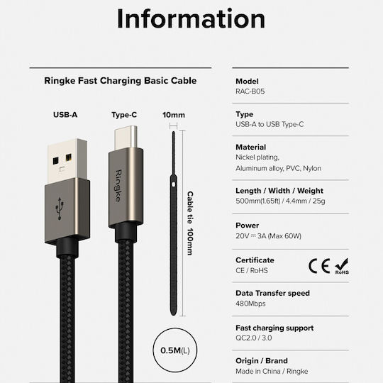 Ringke Regular USB 2.0 Cablu USB-C bărbătesc - USB-A 60W Negru 0.5m