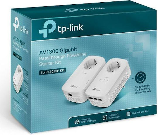 TP-LINK TL-PA8033P KIT v1 Powerline Double Wired with Passthrough Socket and 3 Gigabit Ethernet Ports