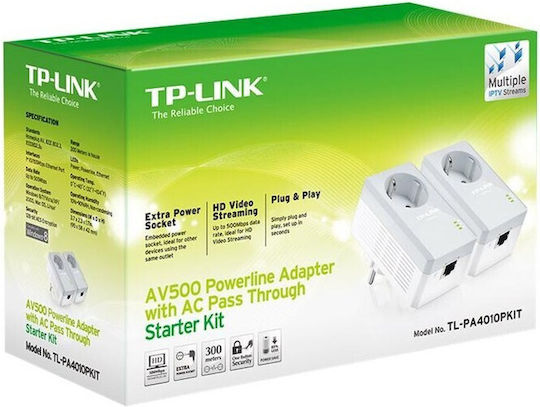 TP-LINK TL-PA4010PKIT v2.3 Powerline Double Wired with Passthrough Socket and Ethernet Port