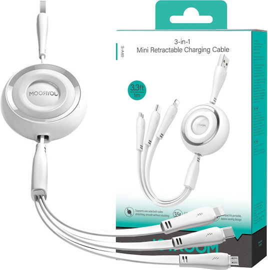 Joyroom S-A40 Подвижен USB към Lightning / Type-C / micro USB Кабел 3.5Спецификация Бял 1м (S-A40)