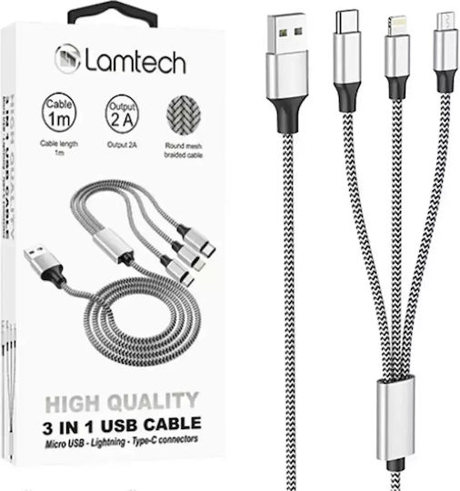Lamtech Braided USB to micro USB / Lightning / Type-C Cable 2A Γκρι 1m (LAM450329)