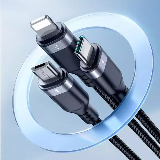 Joyroom S-1T3018A18 Braided Cablu USB la Lightning / Type-C / micro USB cu mai multe porturi 3.5A Negru 1.2m
