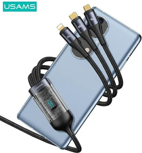 Usams Regular Cablu USB la Lightning / Type-C / micro USB cu mai multe porturi 3.6A Negru 1.2m (US-SJ600)