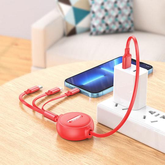 Hoco Retractable USB to Lightning / Type-C / micro USB Cable 2A Μαύρο 1m
