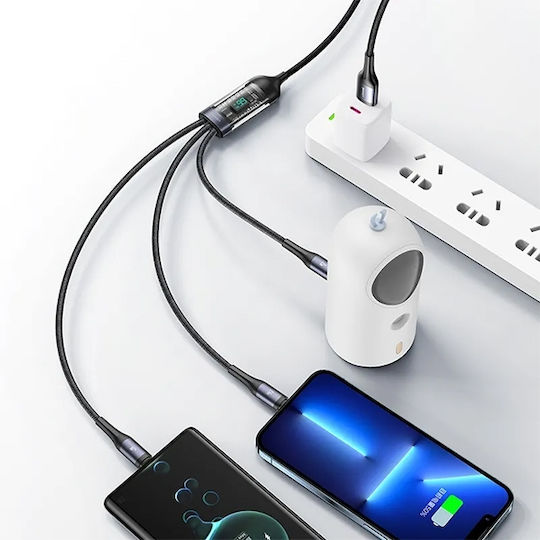 Usams Regular Cablu USB la Lightning / Type-C / micro USB cu mai multe porturi 2.4A Negru 1.2m (US-SJ582)