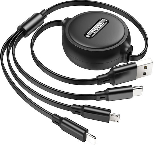 Hoco Retractable USB to Lightning / Type-C / micro USB Cable 2A Κόκκινο 1m